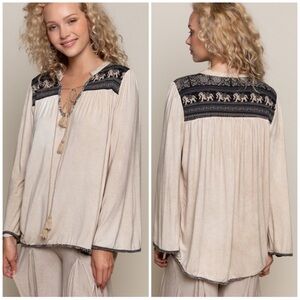 POL Beige and Black Patterned Top
